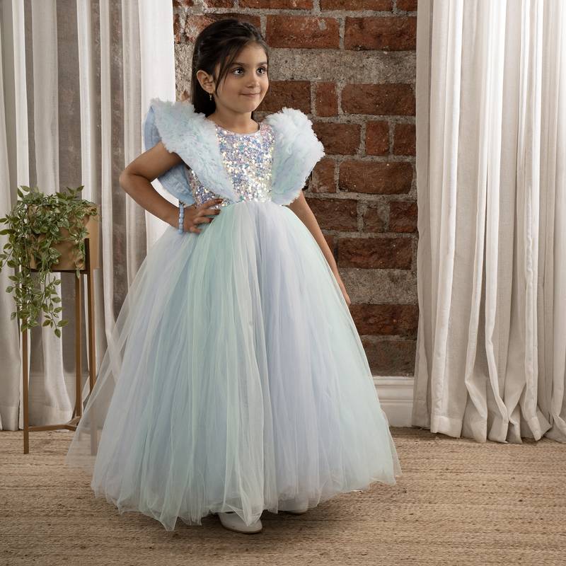 Sequin body Angel sleeves fit and flare ball gown for baby Girls - Sky Blue