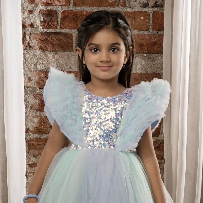 Sequin body Angel sleeves fit and flare ball gown for baby Girls - Sky Blue
