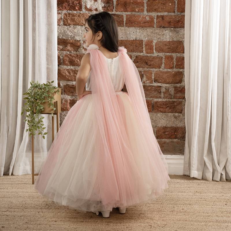 Ministitch Open sleeves Sequin & Flower Applique body party ball gown for Baby Girls  - Cream