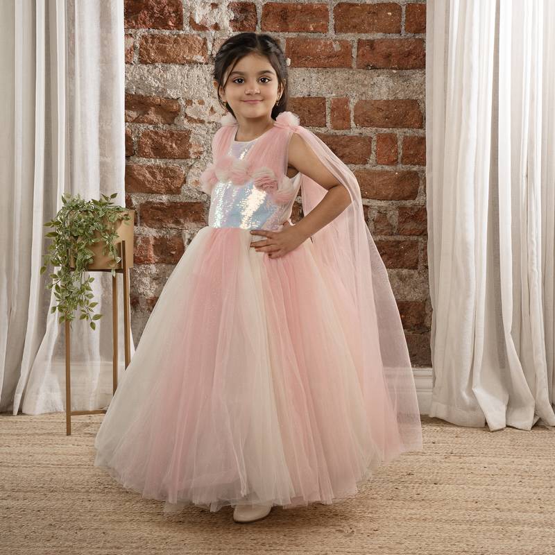 Ministitch Open sleeves Sequin & Flower Applique body party ball gown for Baby Girls  - Cream