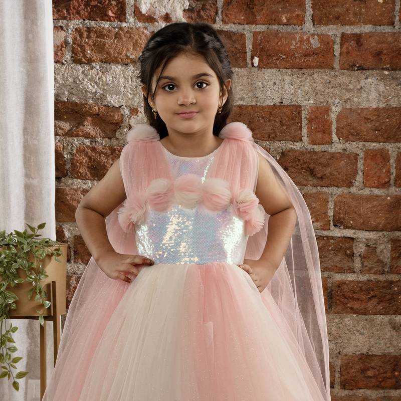 Ministitch Open sleeves Sequin & Flower Applique body party ball gown for Baby Girls  - Cream