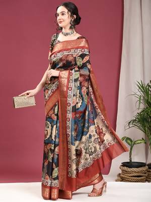 Black Tussar Silk Multicolor Printed Zari Border Kalamkari Saree 1