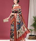 Black Tussar Silk Multicolor Printed Zari Border Kalamkari Saree