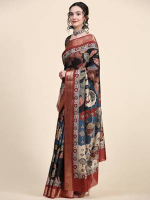 Black Tussar Silk Multicolor Printed Zari Border Kalamkari Saree 2