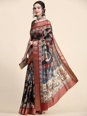 Black Tussar Silk Multicolor Printed Zari Border Kalamkari Saree 3