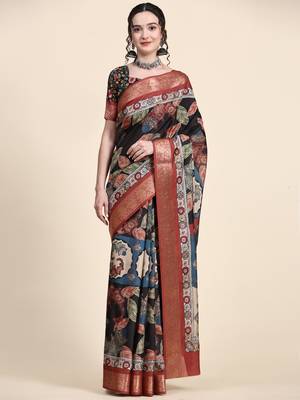 Black Tussar Silk Multicolor Printed Zari Border Kalamkari Saree 4