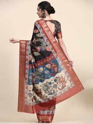 Black Tussar Silk Multicolor Printed Zari Border Kalamkari Saree 5