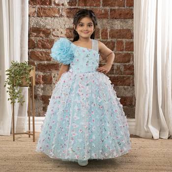 one shoulder ruffled Gown with 3D Flowers and Butterflies for Girls- Sky Blue 1