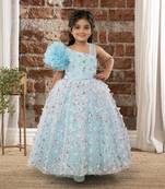 one shoulder ruffled Gown with 3D Flowers and Butterflies for Girls- Sky Blue