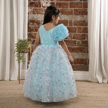 one shoulder ruffled Gown with 3D Flowers and Butterflies for Girls- Sky Blue 2