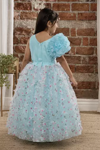 one shoulder ruffled Gown with 3D Flowers and Butterflies for Girls- Sky Blue