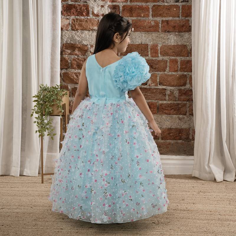 one shoulder ruffled Gown with 3D Flowers and Butterflies for Girls- Sky Blue