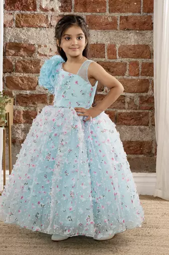 one shoulder ruffled Gown with 3D Flowers and Butterflies for Girls- Sky Blue