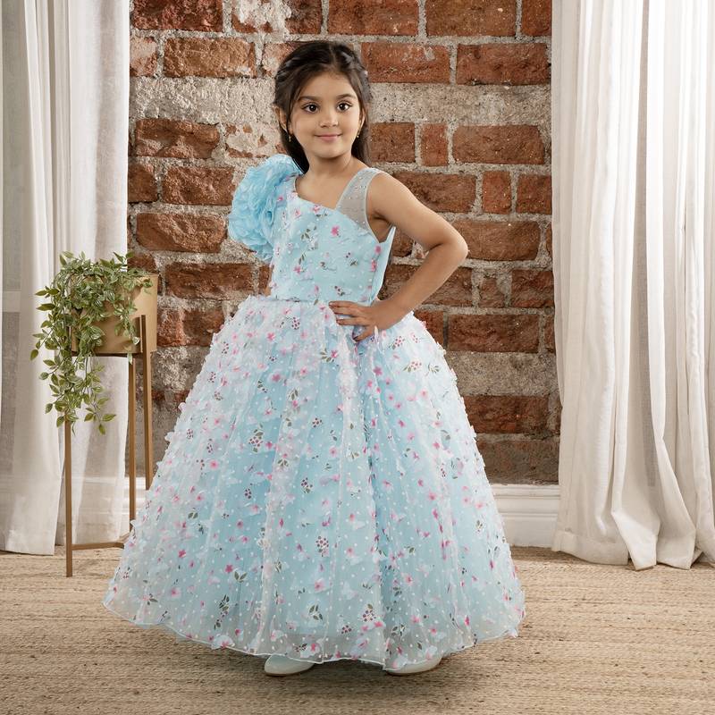 one shoulder ruffled Gown with 3D Flowers and Butterflies for Girls- Sky Blue