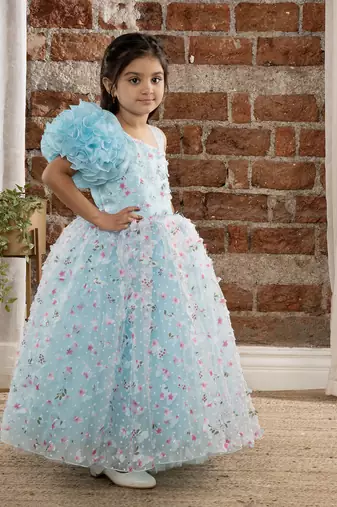 one shoulder ruffled Gown with 3D Flowers and Butterflies for Girls- Sky Blue