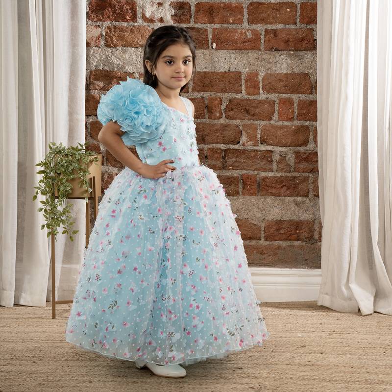 one shoulder ruffled Gown with 3D Flowers and Butterflies for Girls- Sky Blue