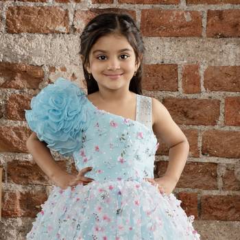 one shoulder ruffled Gown with 3D Flowers and Butterflies for Girls- Sky Blue 5