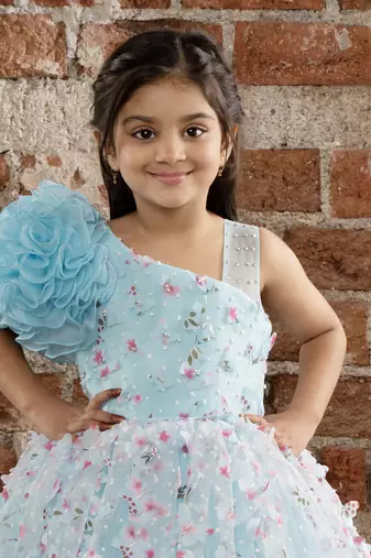 one shoulder ruffled Gown with 3D Flowers and Butterflies for Girls- Sky Blue