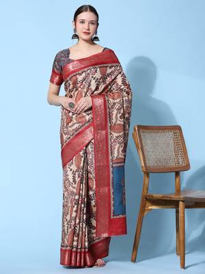 Graceful Peacock Print Kalamkari Saree 1
