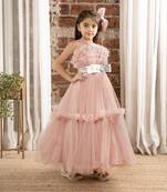 Onion pink Pleated ruffled bodice and sequin bow belt sleeveless gown for baby girls