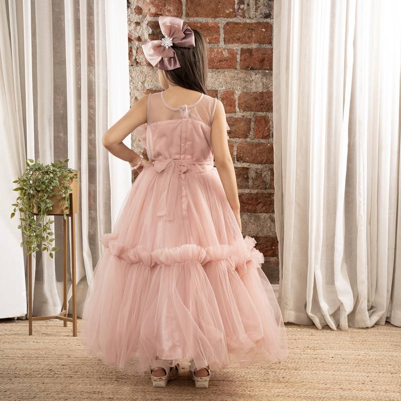 Onion pink Pleated ruffled bodice and sequin bow belt sleeveless gown for baby girls