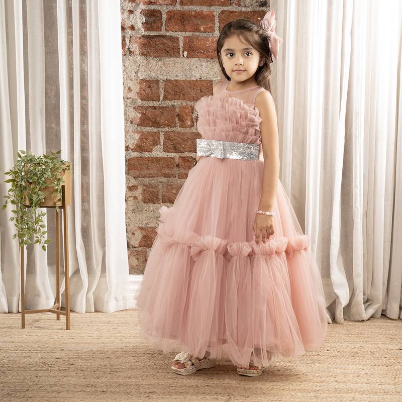 Onion pink Pleated ruffled bodice and sequin bow belt sleeveless gown for baby girls