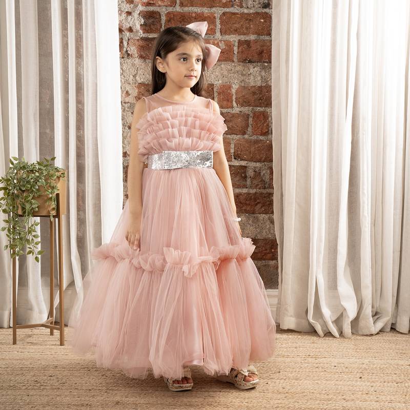 Onion pink Pleated ruffled bodice and sequin bow belt sleeveless gown for baby girls