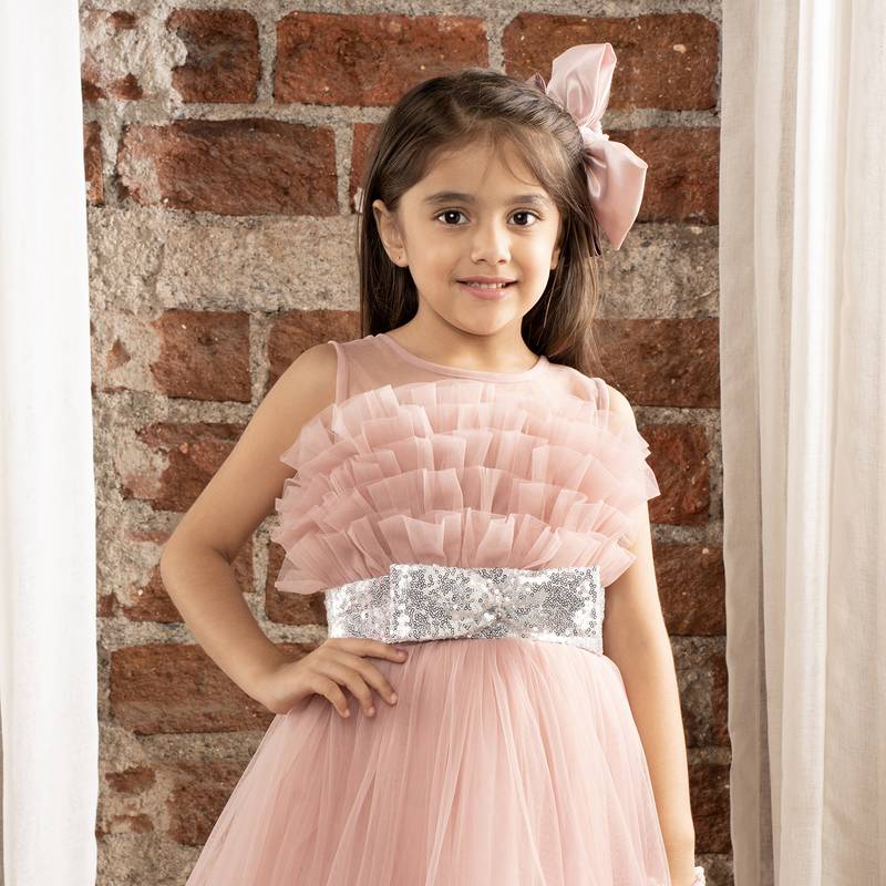 Onion pink Pleated ruffled bodice and sequin bow belt sleeveless gown for baby girls