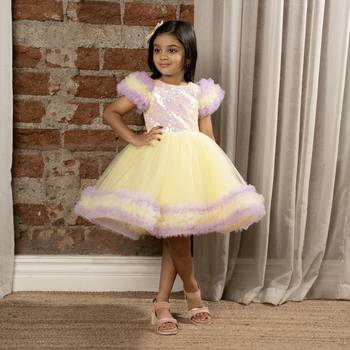 frilled cap sleeves and sequin body party dress for baby girls - - Lemon 1