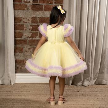 frilled cap sleeves and sequin body party dress for baby girls - - Lemon 2