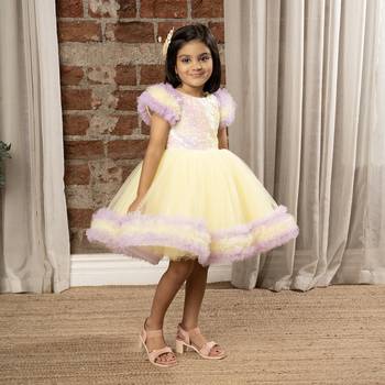 frilled cap sleeves and sequin body party dress for baby girls - - Lemon 3