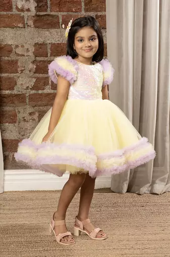 frilled cap sleeves and sequin body party dress for baby girls - - Lemon