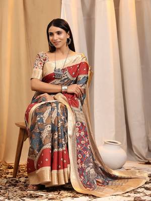 Red Tussar Silk Kalamkari Saree 1
