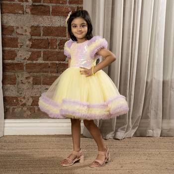 frilled cap sleeves and sequin body party dress for baby girls - - Lemon 4