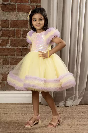 frilled cap sleeves and sequin body party dress for baby girls - - Lemon