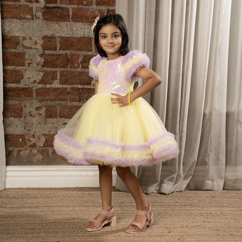 frilled cap sleeves and sequin body party dress for baby girls - - Lemon
