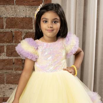 frilled cap sleeves and sequin body party dress for baby girls - - Lemon 5