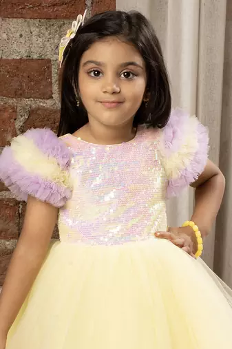 frilled cap sleeves and sequin body party dress for baby girls - - Lemon