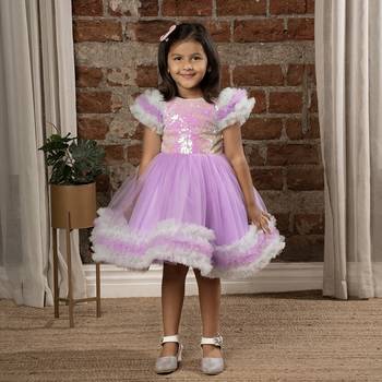 frilled cap sleeves and sequin body party dress for baby girls - - Purple 1