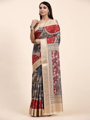 Red Tussar Silk Kalamkari Saree 3