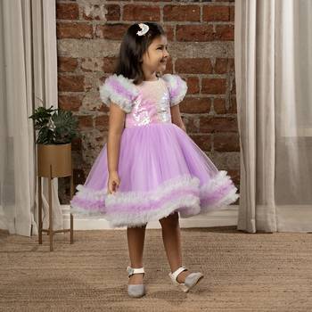 frilled cap sleeves and sequin body party dress for baby girls - - Purple 3