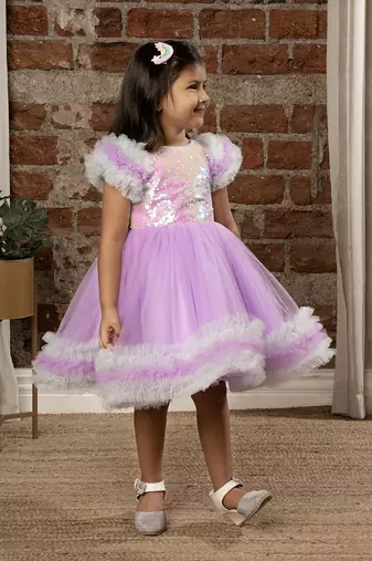 frilled cap sleeves and sequin body party dress for baby girls - - Purple