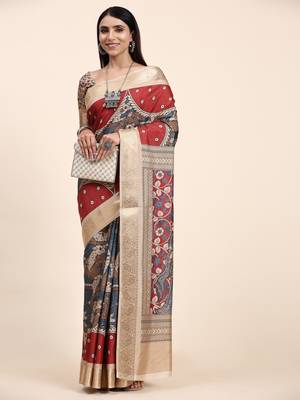 Red Tussar Silk Kalamkari Saree 4