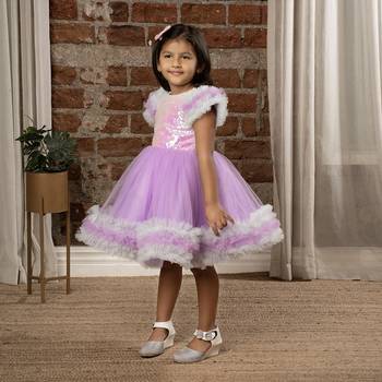 frilled cap sleeves and sequin body party dress for baby girls - - Purple 4