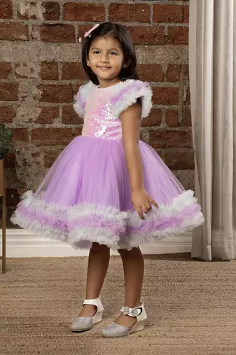 frilled cap sleeves and sequin body party dress for baby girls - - Purple