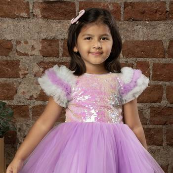 frilled cap sleeves and sequin body party dress for baby girls - - Purple 5