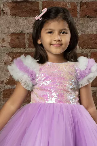 frilled cap sleeves and sequin body party dress for baby girls - - Purple