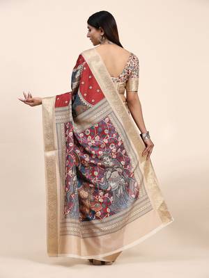 Red Tussar Silk Kalamkari Saree 5