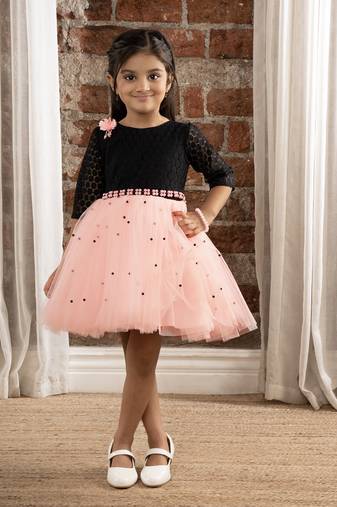 Ministitch 3/4th sleeves fit and flare dress with pulse beaded belt for baby girls - black & pink