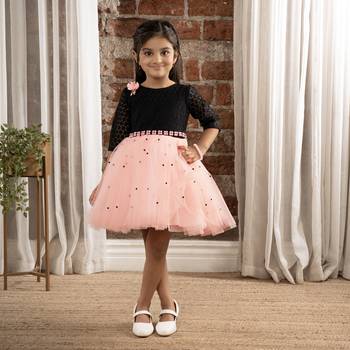 3/4th sleeves fit and flare dress with pulse beaded belt for baby girls - black & pink 1